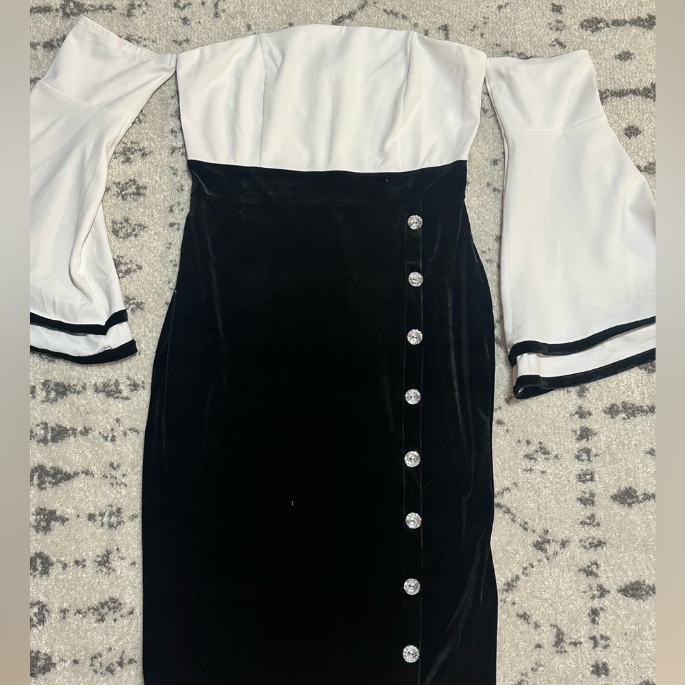 Venus Elegant Black and White Off-Shoulder Dress